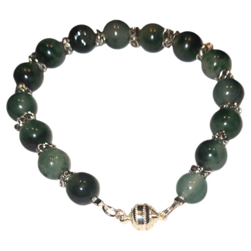 Forest Green and Silver Bracelet with Natural Stone Beads